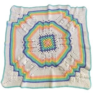 Crochet Baby Blanket Rainbow White Pastel Colorful 33x33” Square